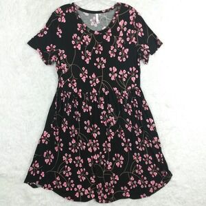 Longyuan Womens Dress Babydoll Short Sleeve Black Cherry Blossom Above Knee XL‎